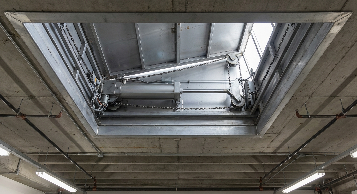 Fonctionnement d'une trappe de désenfumage : le décryptage 1 Alise SSI – Sécurité et Sérénité Assurée Alise Mecanisme ouverture trappe desenfumage vue interieure