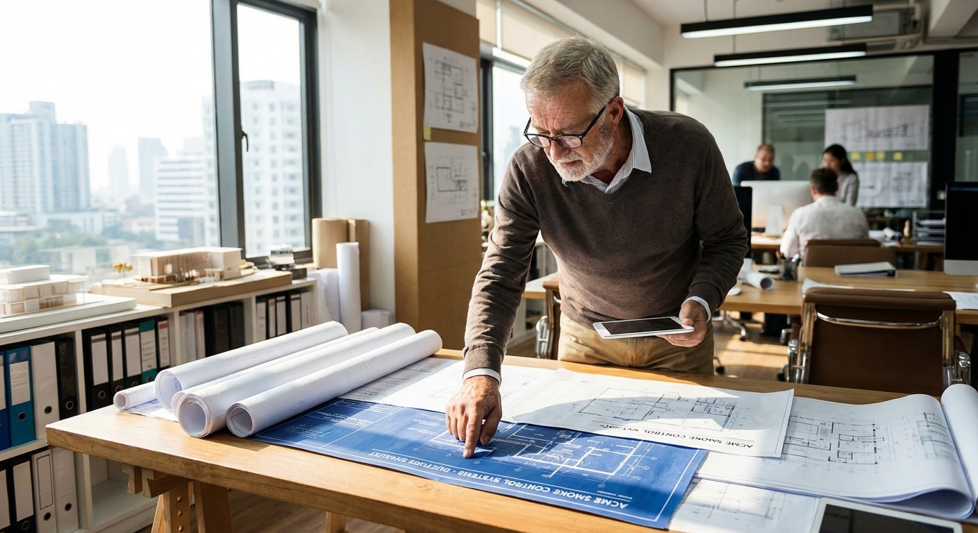 IT 246 désenfumage : comprendre l'instruction technique 3 Alise SSI – Sécurité et Sérénité Assurée Alise Architecte examinant des plans de désenfumage sur son bureau