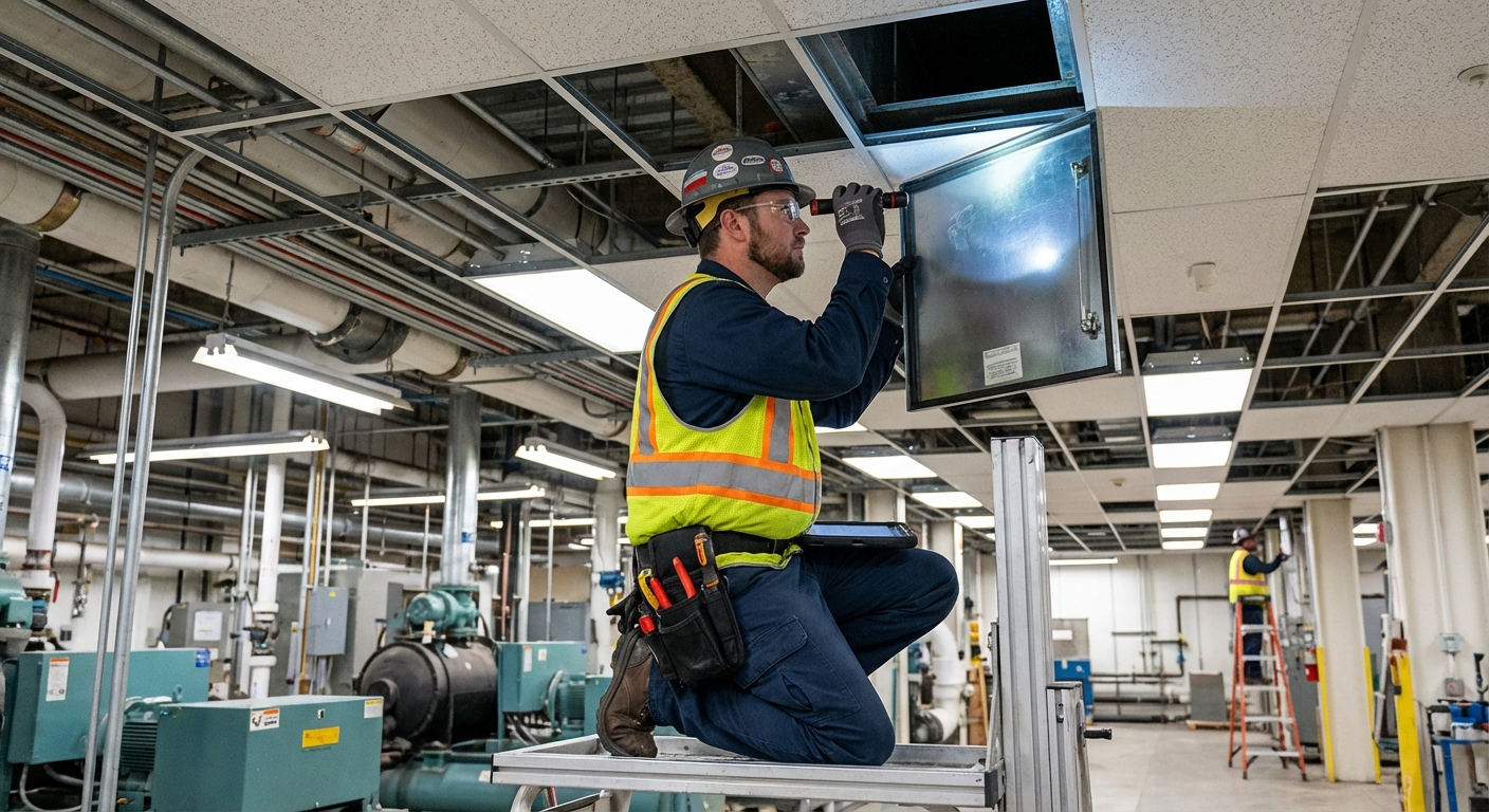 Clapet coupe-feu : rôle dans le compartimentage et maintenance 2 Alise SSI – Sécurité et Sérénité Assurée Alise Technicien de maintenance inspectant un clapet coupe-feu en faux plafond