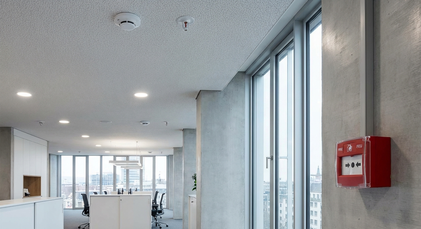 Alarme incendie pro : règles d'installation 🔥 1 Alise SSI – Sécurité et Sérénité Assurée Alise Detecteurs de fumee adressables et declencheur manuel dans un bureau