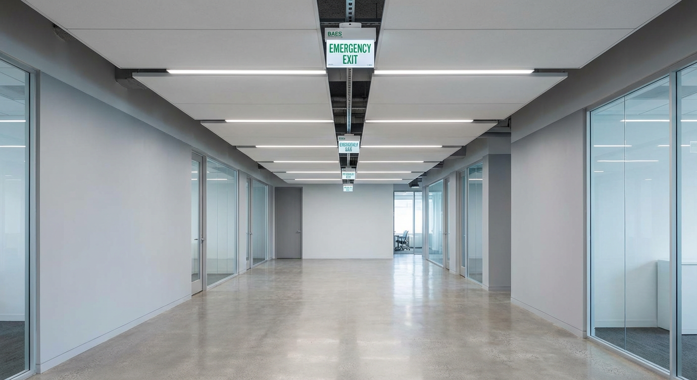 BAES : combien en installer et où les placer ? 1 Alise SSI – Sécurité et Sérénité Assurée Alise Plusieurs BAES installés le long d'un couloir de bâtiment pour éclairage de sécurité