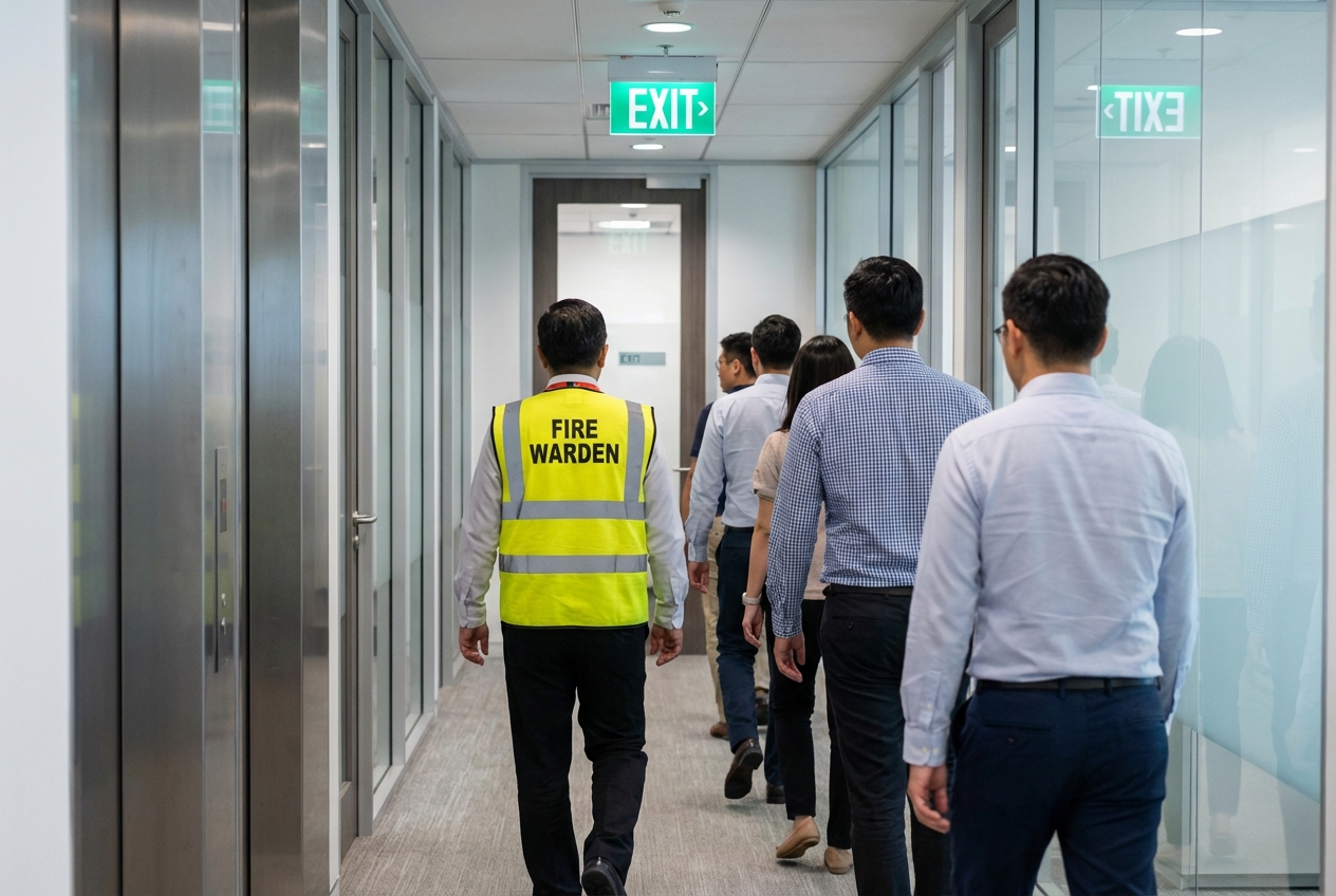 Guide-file et serre-file : rôles, obligations et formation 2 Alise SSI – Sécurité et Sérénité Assurée Alise Exercice d'évacuation avec guide-file en gilet fluorescent guidant les employés