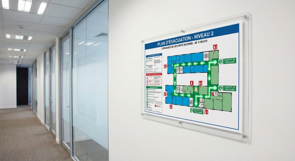 Tout savoir sur la norme NF X 08-070 1 Alise SSI – Sécurité et Sérénité Assurée Alise Plan d evacuation conforme NF X 08-070 affiche dans un couloir