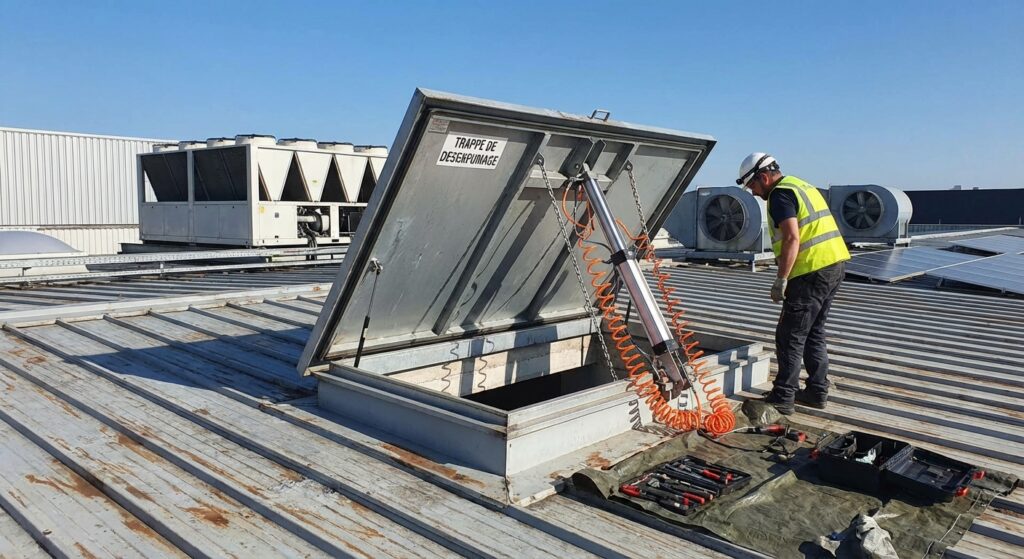 Fonctionnement d'une trappe de désenfumage : le décryptage 1 Alise SSI – Sécurité et Sérénité Assurée Alise Trappe de desenfumage ouverte sur toiture batiment commercial