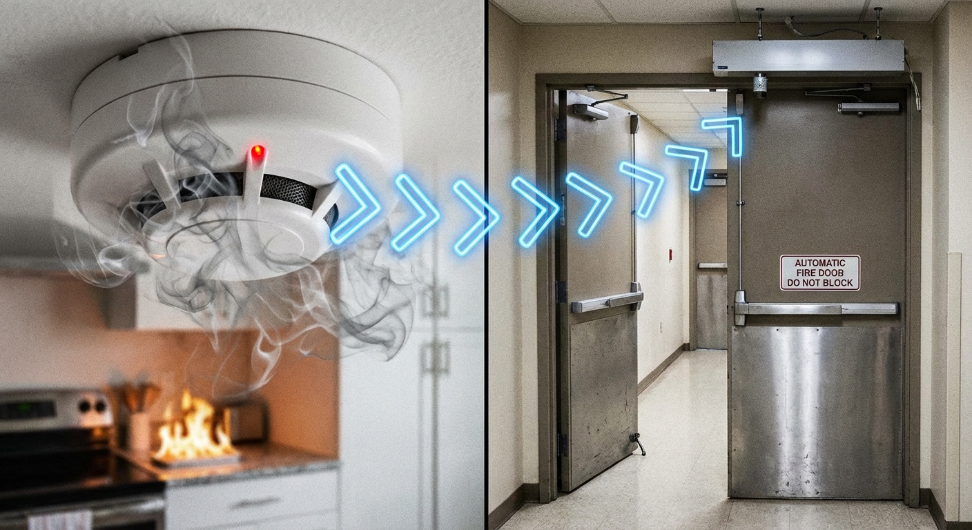 Composants d’un système de sécurité incendie : SDI, SMSI, AES, CMSI 1 Alise SSI – Sécurité et Sérénité Assurée Alise Detection fumee declenchant fermeture porte coupe-feu