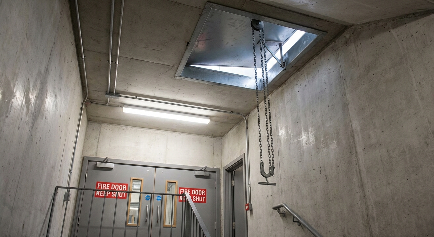 Désenfumage escalier obligatoire : Les règles à connaître 2 Alise SSI – Sécurité et Sérénité Assurée Alise Ouvrant desenfumage en haut escalier encloisonne ERP