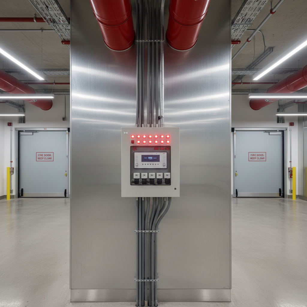 Panneau CMSI avec voyants rouges et asservissements SSI pour volets et portes coupe-feu