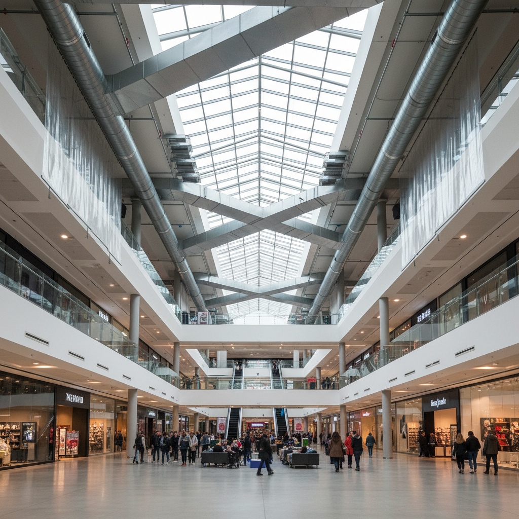 Obligations désenfumage en ERP de 1ère catégorie 1 Alise SSI – Sécurité et Sérénité Assurée Alise Système de désenfumage installé dans l'atrium d'un grand centre commercial avec conduits et écrans de cantonnement