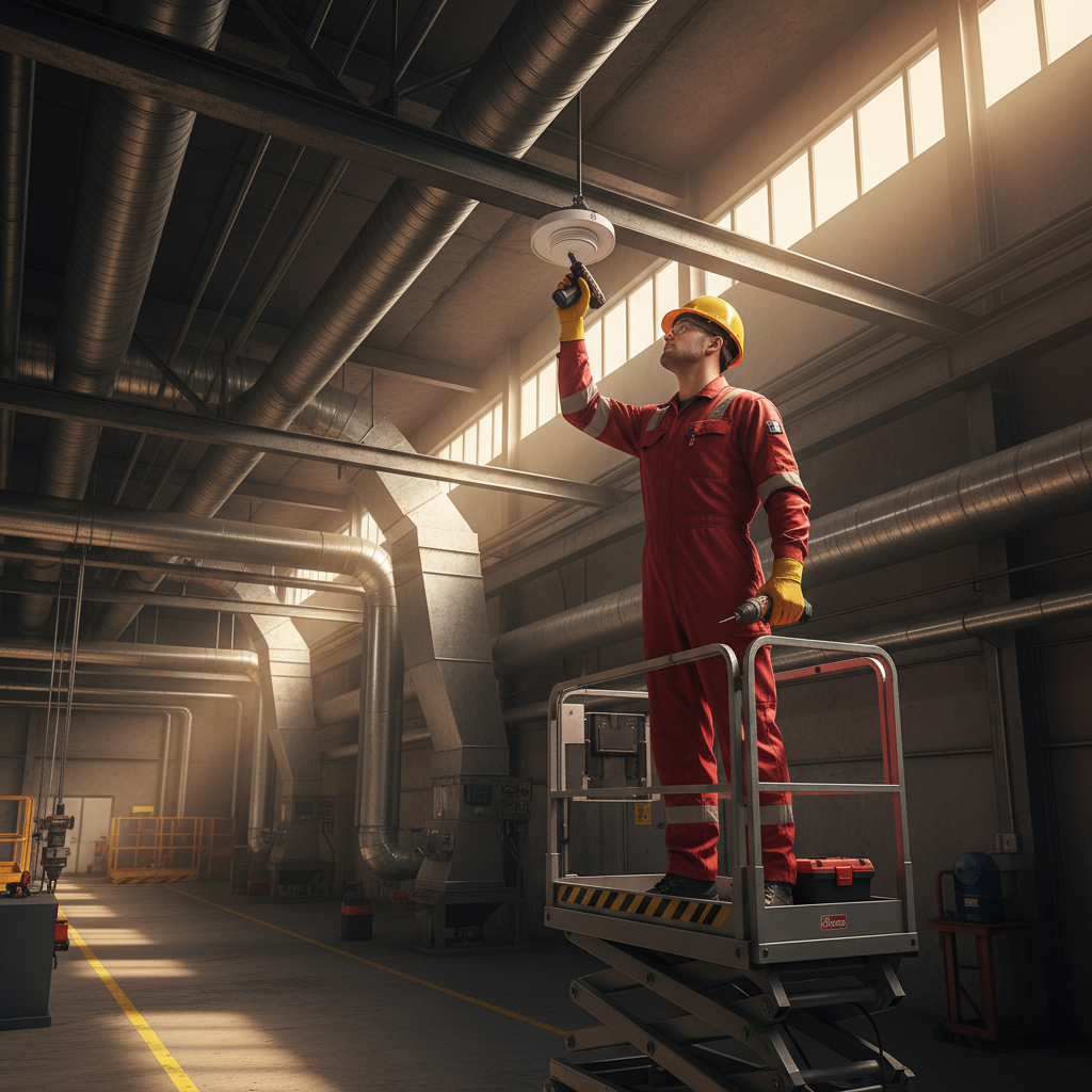 Détecteur de chaleur thermostatique vs thermovélocimétrique 2 Alise SSI – Sécurité et Sérénité Assurée Alise Technicien en sécurité incendie installant un détecteur de chaleur au plafond d'un site industriel