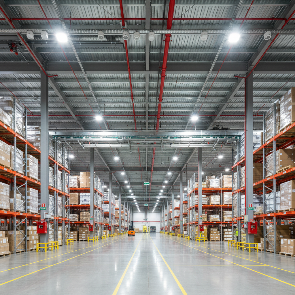 Entrepôt logistique équipé d un système d alarme incendie avec détecteurs au plafond