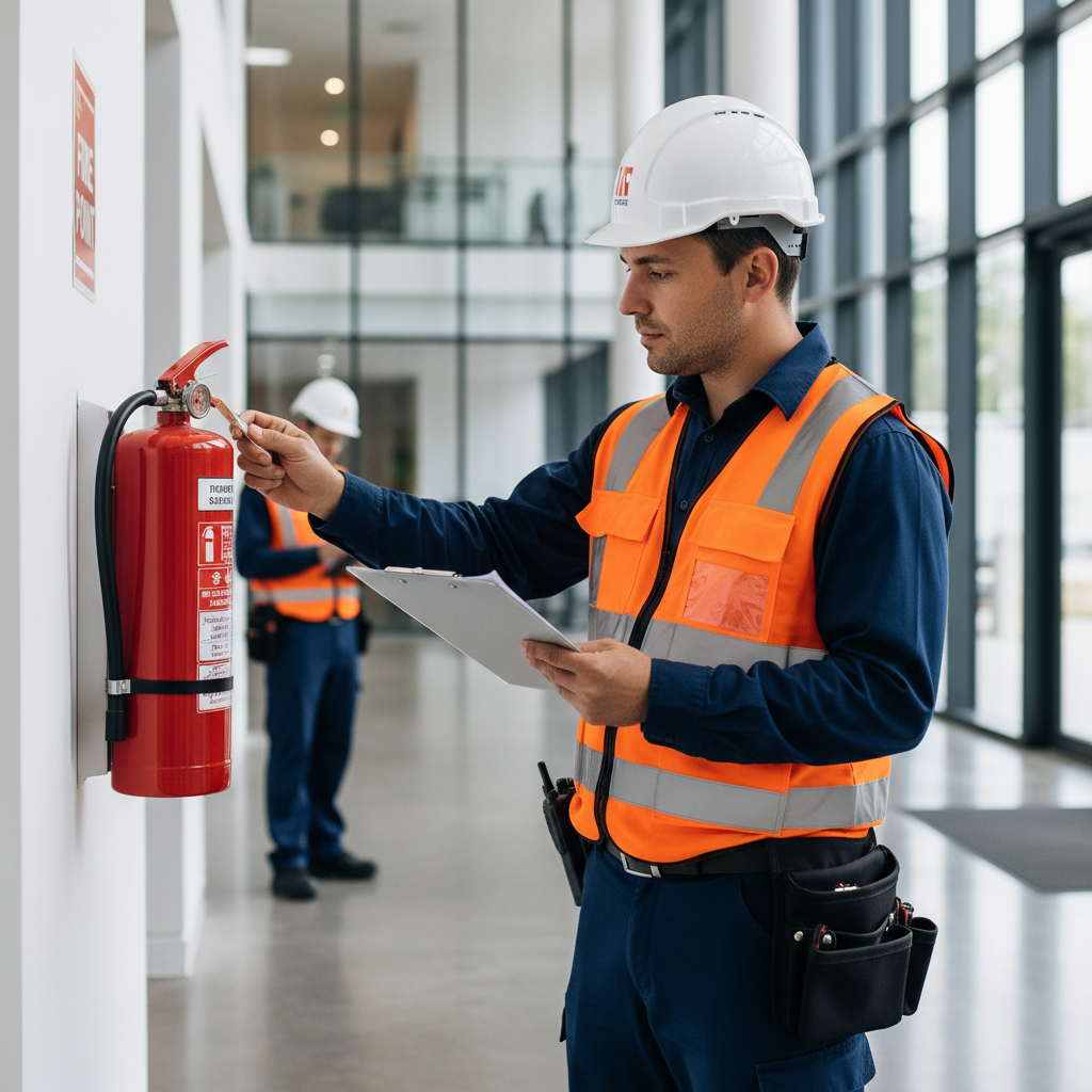 Mise en conformité incendie ERP : les étapes pour être aux normes 3 Alise SSI – Sécurité et Sérénité Assurée Alise Inspecteur vérifiant la conformité incendie des extincteurs dans un établissement recevant du public