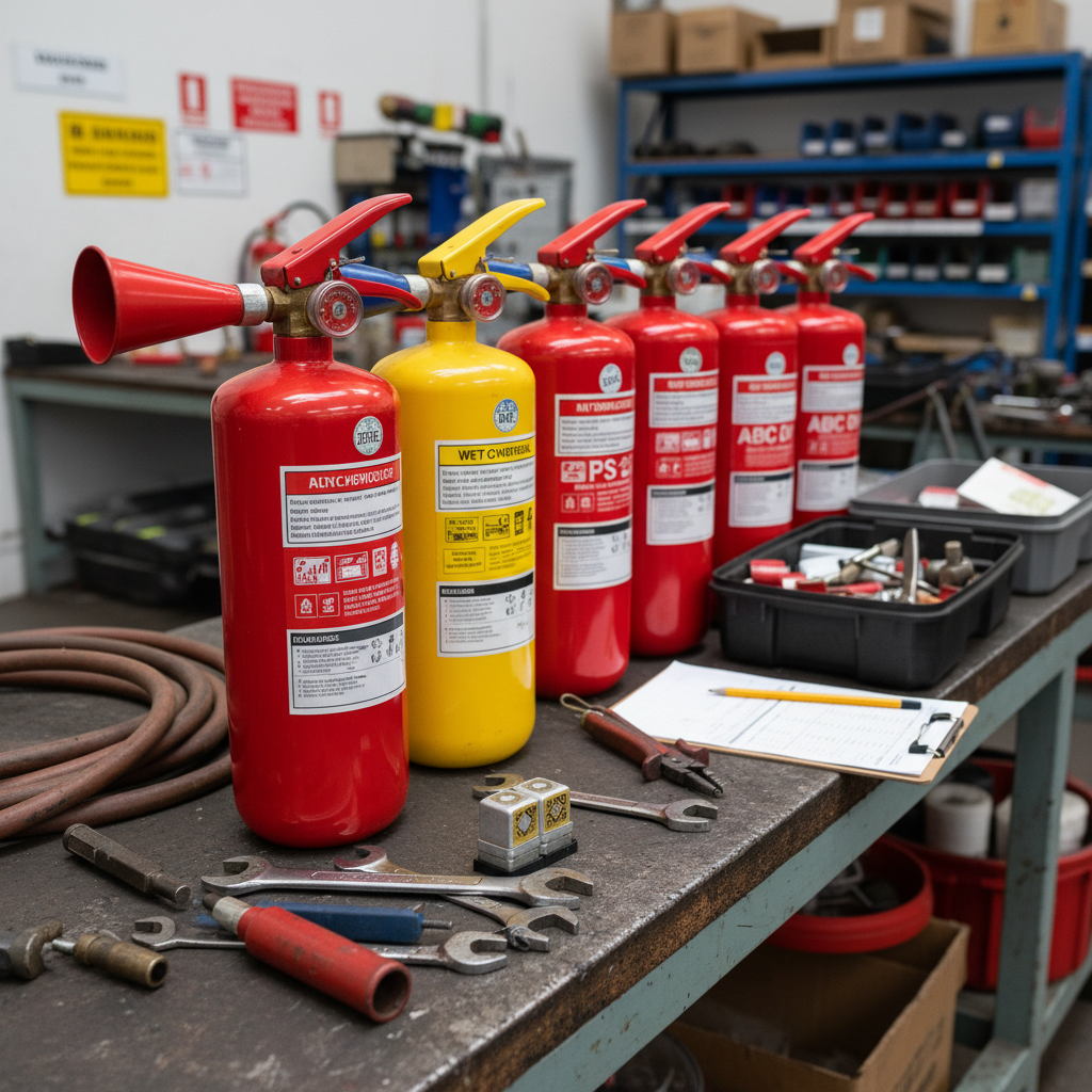 Maintenance extincteur : vérification annuelle et recharge 1 Alise SSI – Sécurité et Sérénité Assurée Alise Plusieurs extincteurs alignés pour le contrôle annuel dans un atelier de maintenance spécialisé