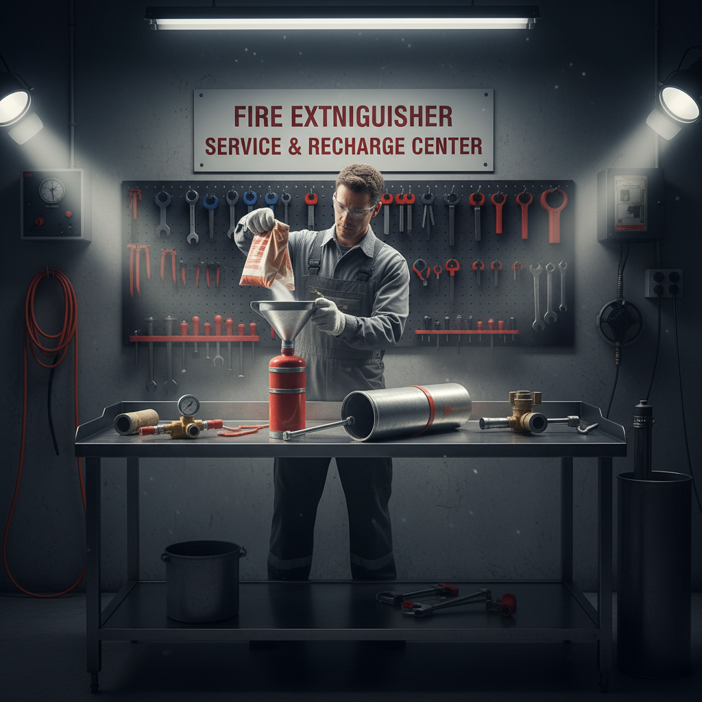 Maintenance extincteur : vérification annuelle et recharge 2 Alise SSI – Sécurité et Sérénité Assurée Alise Technicien en atelier rechargeant un extincteur à poudre, appareil démonté montrant les composants internes