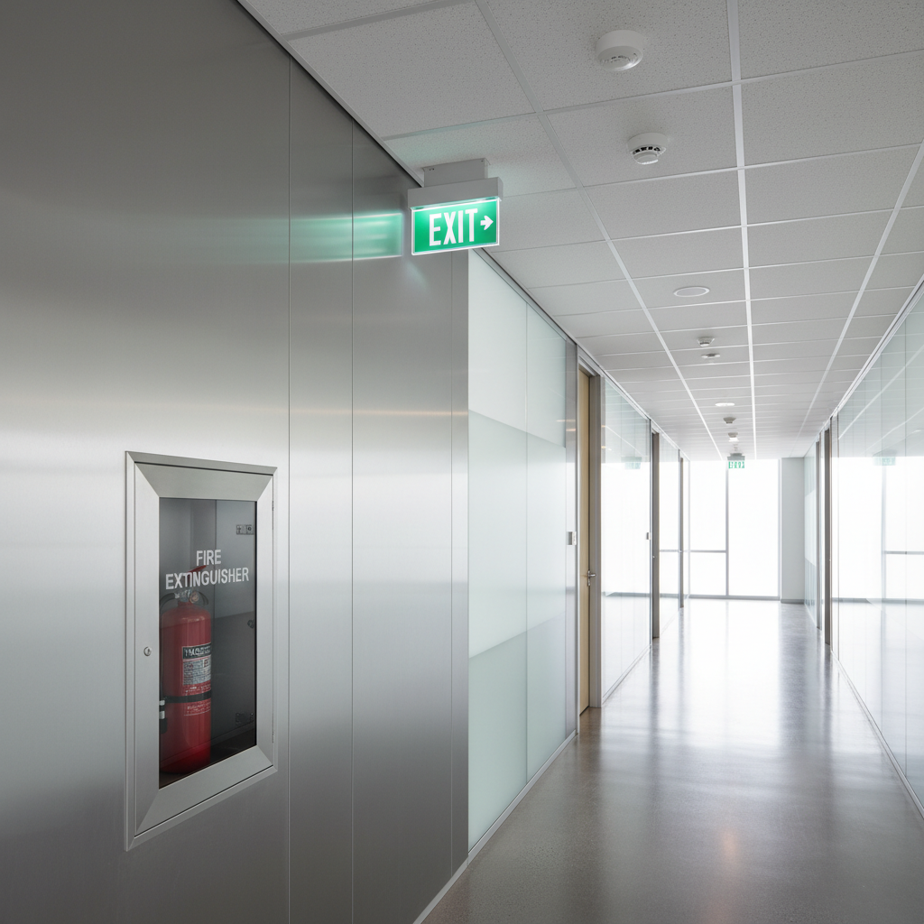 Mise en conformité incendie ERP : les étapes pour être aux normes 1 Alise SSI – Sécurité et Sérénité Assurée Alise Intérieur de bâtiment commercial équipé extincteur panneau de sortie détecteur et sprinkler