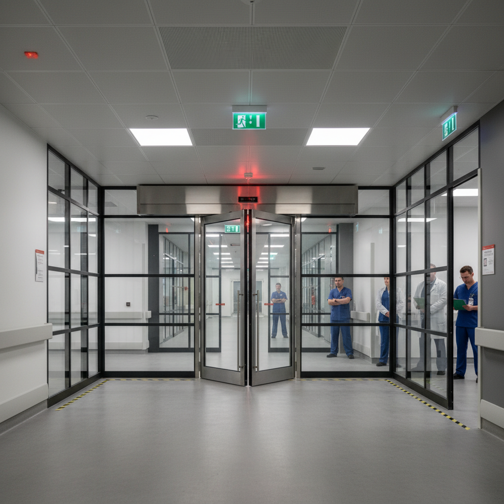 Asservissement SSI : volets, portes et clapets en cas d'incendie 2 Alise SSI – Sécurité et Sérénité Assurée Alise Portes coupe-feu automatiques se fermant dans un couloir lors d'un test de sécurité incendie
