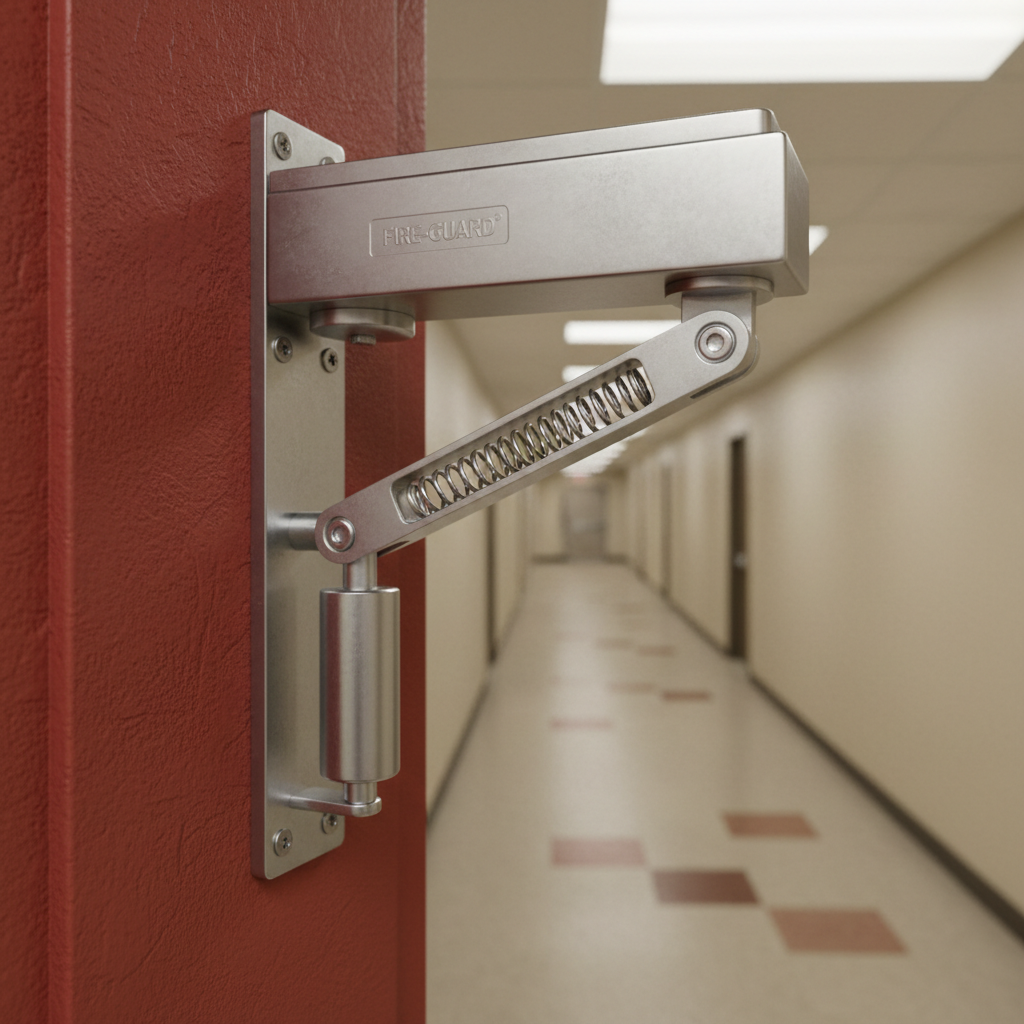 Ferme-porte pour porte coupe-feu : réglages et normes 6 Alise SSI – Sécurité et Sérénité Assurée Alise Gros plan sur un ferme-porte hydraulique installé sur une porte coupe-feu