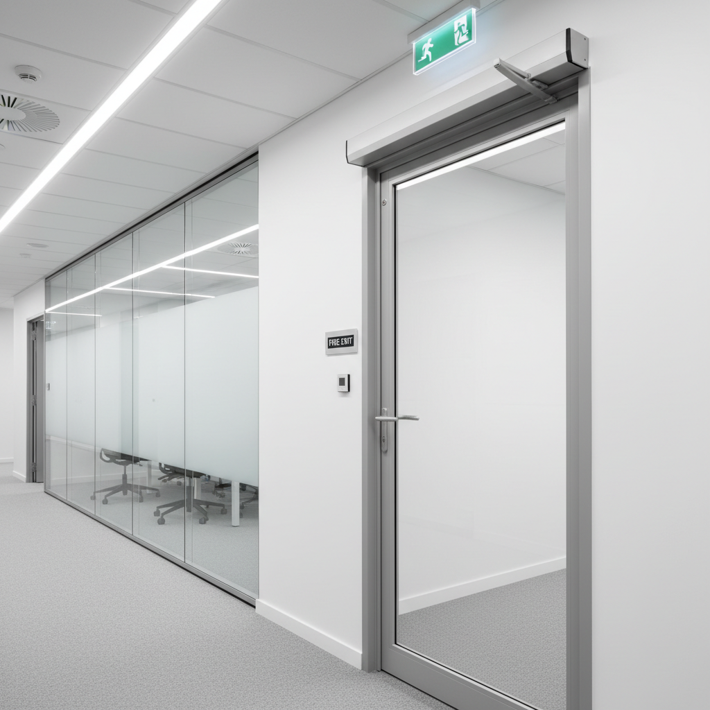 Porte coupe-feu vitrée : classement et utilisations en ERP 1 Alise SSI – Sécurité et Sérénité Assurée Alise Porte coupe-feu vitrée installée dans un couloir d ERP avec vitrage transparent