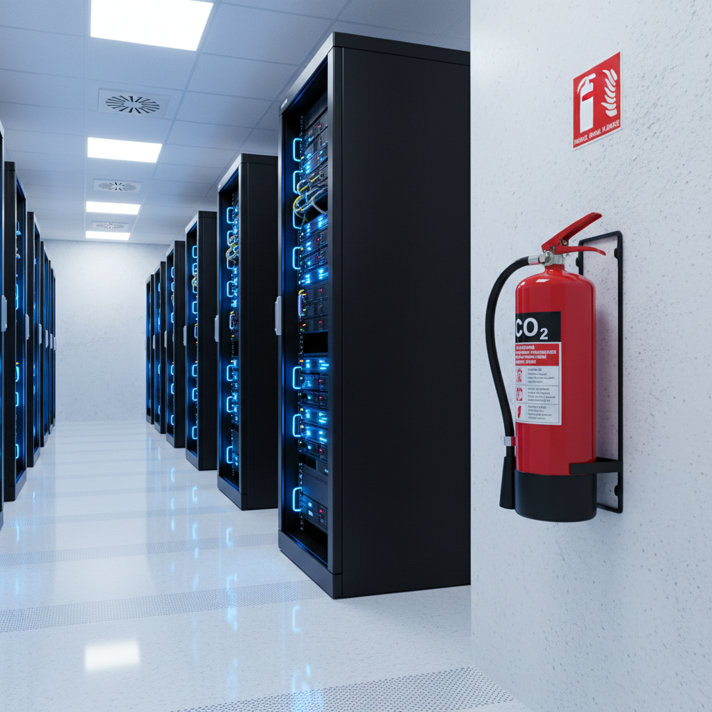 Extincteur CO2 ou poudre : lequel choisir pour votre entreprise ? 1 Alise SSI – Sécurité et Sérénité Assurée Alise Salle serveur avec extincteur CO2 pour protection des équipements informatiques