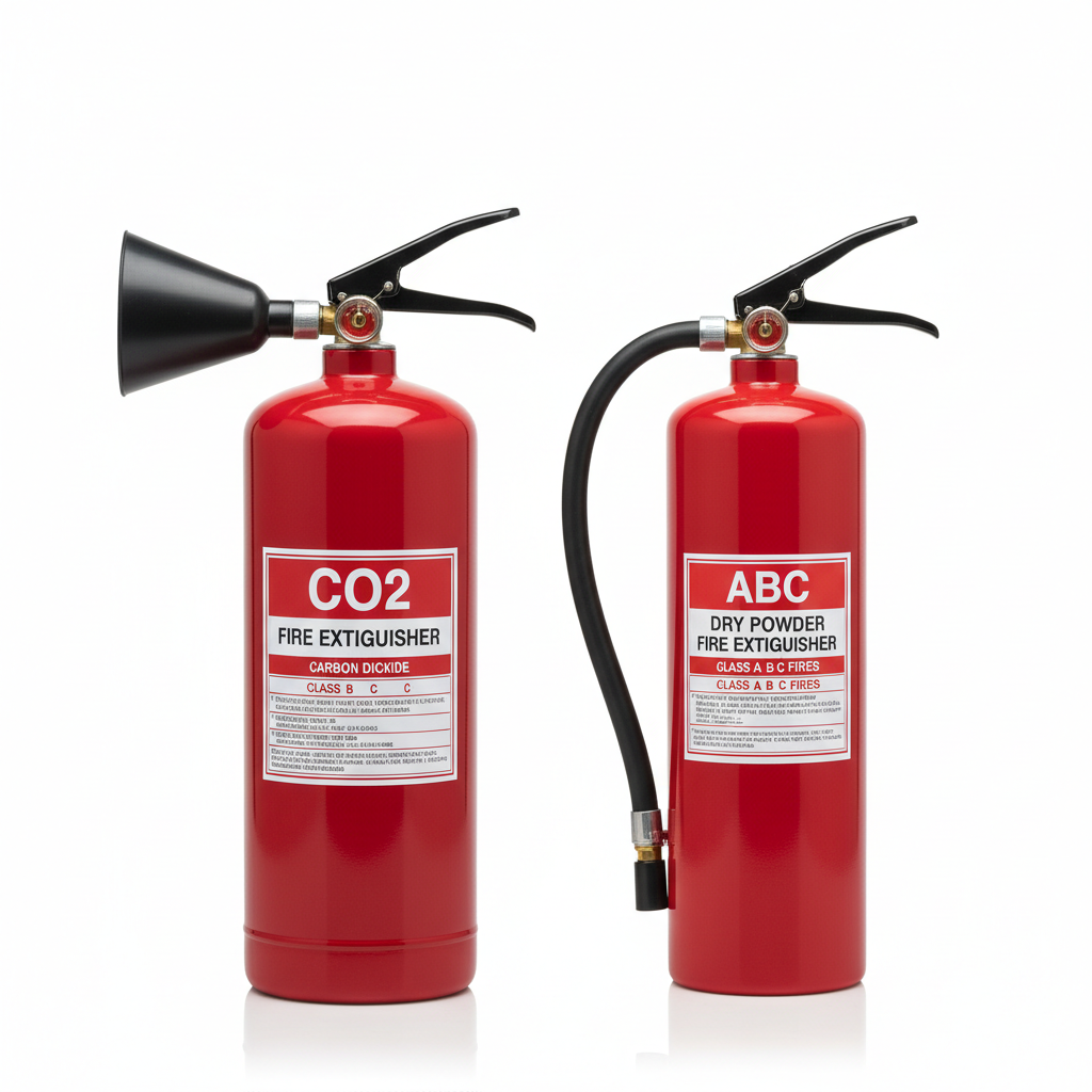 Comparaison extincteur CO2 et extincteur poudre ABC côte à côte