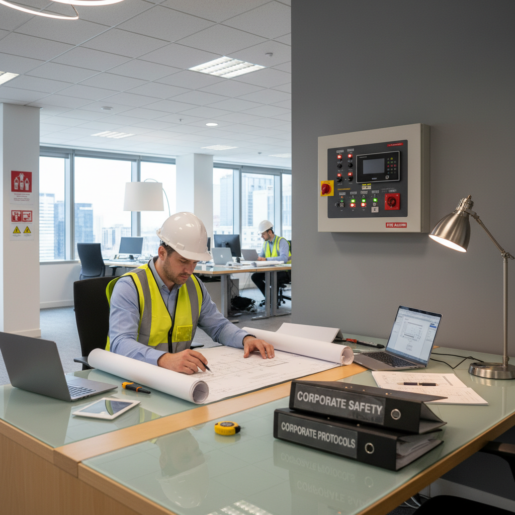 SSI catégorie B : quand et pourquoi l'installer ? 2 Alise SSI – Sécurité et Sérénité Assurée Alise Ingénieur en sécurité incendie étudiant les plans d'installation d'un SSI de catégorie B